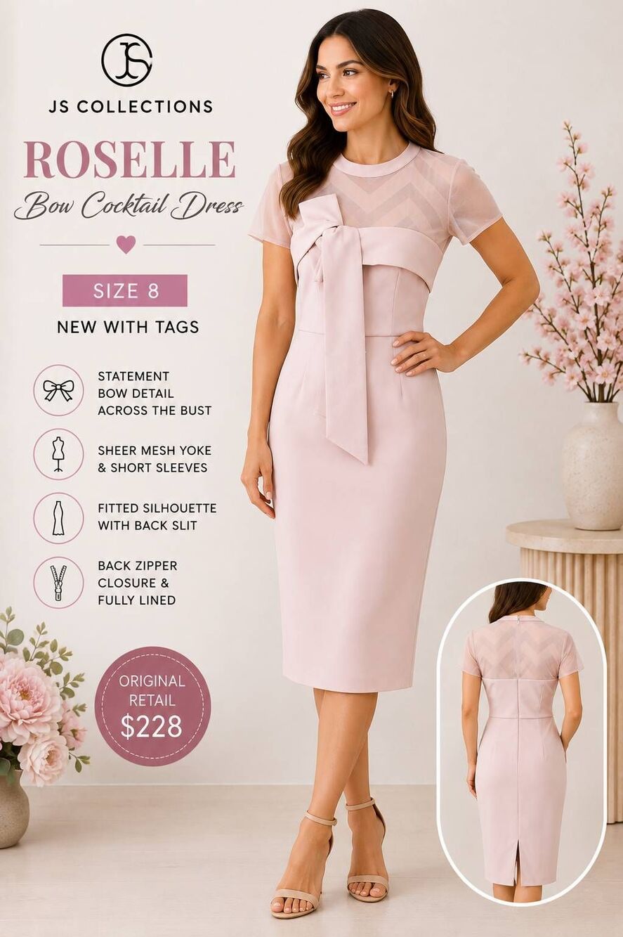 JS Collections Women’s Size 8 Blush Pink Roselle Bow Cocktail Midi Dress NWT
